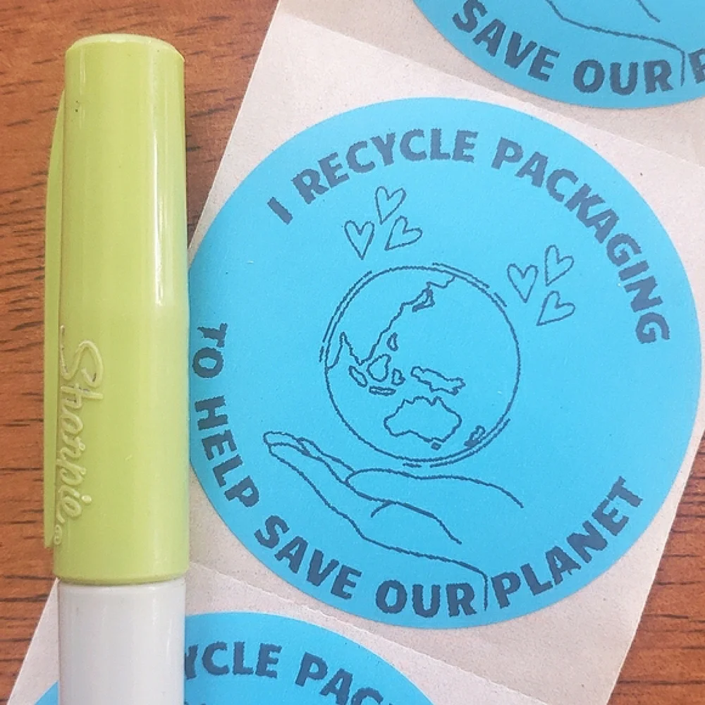 3/$15 50 RECYCLE PACKAGING STICKERS LARGE ROUND TWO INCH BLUE GREEN WHITE